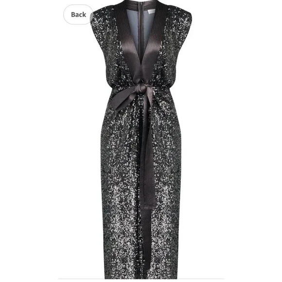 Halston Ranae Cocktail Dress Womens 0 Black Silver Sequin Sheath Blouson Drape